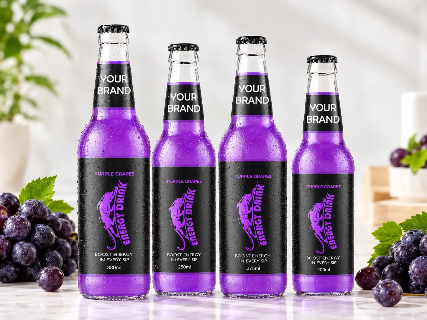 ENERGY DRINK Purple Grapes flavour in 330ml, 250ml, 275ml and 200ml glass bottles.
